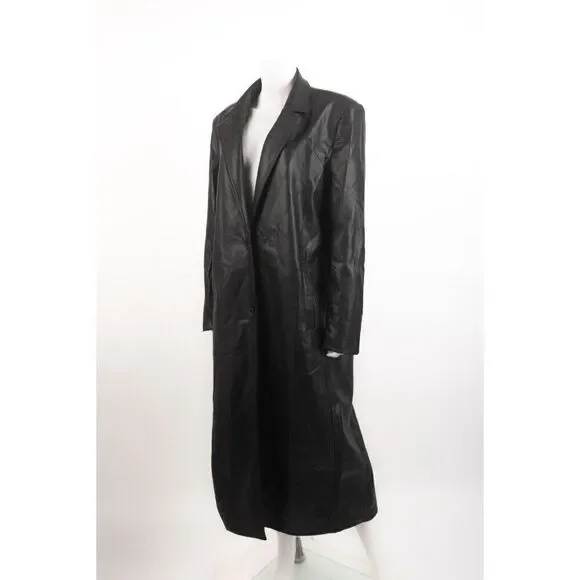 Zara Womens Black Faux Leather Trench Coat Jacket Long XL 4661/816 No belt NWT